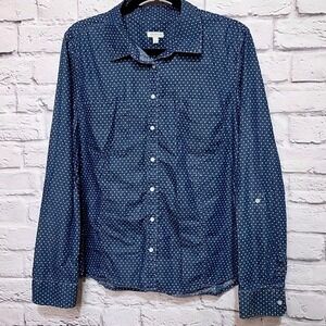 Talbots Womens Indigo Blue Polka Dot Denim Chambray Roll Tab Shirt Size Large